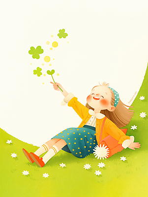JPG 전신 여자 꽃 행복 어린이 일러스트 자연 따뜻함 한명 웃음 소녀 초원 연두색 눕기 새싹 봄 풀 세잎클로버 소녀한명만 국내일러스트 AI일러스트 AI콘텐츠 식물 1 계절 감정 모션 표정 사람 초록색 클로버 생태계 여자한명만 소녀만 파일형식