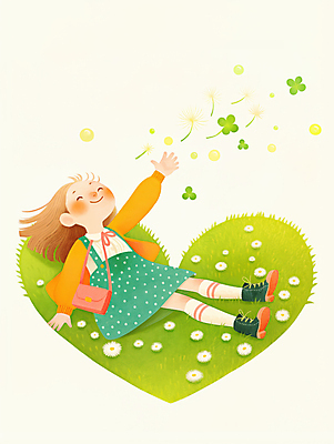 JPG 전신 여자 꽃 행복 어린이 일러스트 자연 따뜻함 한명 웃음 소녀 초원 연두색 눕기 봄 하트 풀 네잎클로버 소녀한명만 국내일러스트 AI일러스트 AI콘텐츠 모양 식물 1 계절 감정 모션 표정 사람 초록색 클로버 생태계 여자한명만 소녀만 파일형식