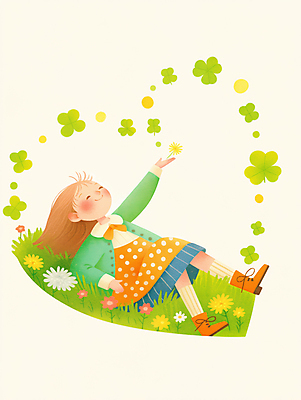 JPG 전신 여자 꽃 행복 어린이 일러스트 자연 따뜻함 한명 웃음 소녀 초원 연두색 눕기 봄 하트 풀 네잎클로버 세잎클로버 소녀한명만 국내일러스트 AI일러스트 AI콘텐츠 모양 식물 1 계절 감정 모션 표정 사람 초록색 클로버 생태계 여자한명만 소녀만 파일형식