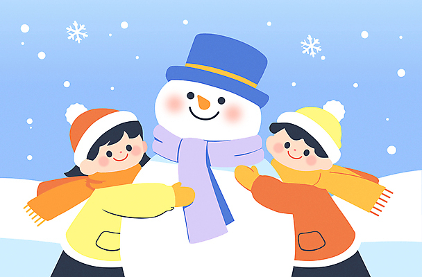 여자 남자 어린이 장갑 겨울 일러스트 포옹 눈사람 눈꽃 털모자 미소 소녀 소년 두명 귀여움 목도리 중절모 겨울옷 눈내림 어린이만 국내일러스트 AI파일 모자_잡화 잡화 옷 계절 컨셉 안기 눈_날씨 표정 사람 파일형식 벡터