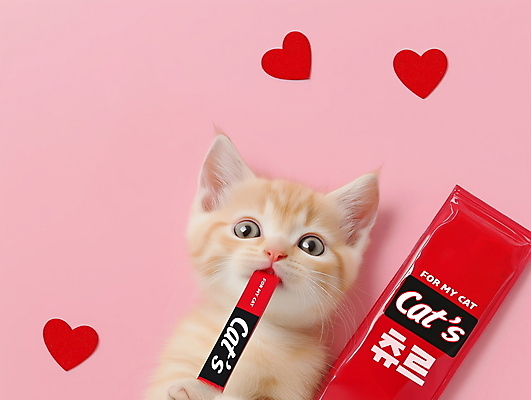 PSD 편집이미지 분홍색 사람없음 귀여움 고양이 하트 잡기 물기 반려묘 애묘간식 고양이먹이 이미지편집 편집실사 모양 컬러 컨셉 포유류 모션 반려동물 먹이 CG 파일형식