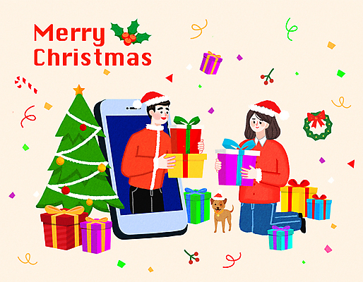 PSD 커플 여자 남자 크리스마스 일러스트 산타모자 모바일 크리스마스선물 들기 성인 두명 스마트폰 크리스마스트리 강아지 베이지색 호랑가시나무열매 성인만 크리스마스리스 국내일러스트 모자_잡화 기념일 열매 컬러 관계 모션 선물 사람 핸드폰 스마트기기 반려동물 화환 개 파일형식