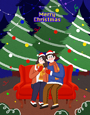 PSD 커플 여자 남자 크리스마스 일러스트 산타모자 앉기 성인 두명 소파 크리스마스트리 기댐 남색 성인만 국내일러스트 모자_잡화 기념일 컬러 의자 관계 모션 사람 파일형식