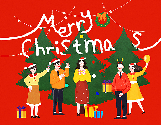 PSD 여자 남자 크리스마스 일러스트 산타모자 선물 들기 손짓 여러명 성인 빨간색 선물상자 크리스마스트리 파티 손들기 손하트 성인만 크리스마스리스 국내일러스트 모자_잡화 기념일 컬러 다수 모션 사람 이벤트 상자 화환 파일형식