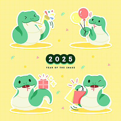 리본 스티커 일러스트 새해 폭죽 윙크 들기 이벤트 사람없음 선물상자 반짝임 쇼핑백 노란색 귀여움 십이지신 뱀 당기기 풍선 을사년 일러캐릭터 푸른뱀캐릭터 AI파일 캐릭터 컬러 컨셉 가방 파충류 모션 표정 선물 상자 뱀캐릭터 파일형식 벡터 2025년