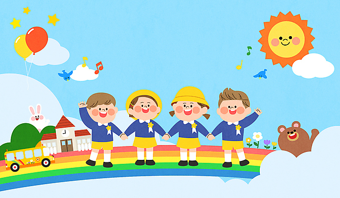 구름 여자 남자 꽃 별 어린이 무지개 음표 일러스트 곰 조류 하늘 미소 소녀 소년 여러명 태양 손들기 손잡기 유치원 유치원생 토끼 인사 스쿨버스 입학 유치원복 환영 유치원모자 어린이만 국내일러스트 AI파일 자연요소 식물 동물 모자_잡화 기호 옷 교육 음악 다수 포유류 모션 버스 표정 사람 반려동물 예절 파일형식 벡터