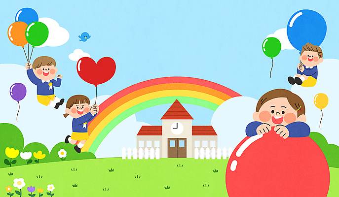 구름 여자 남자 꽃 어린이 무지개 일러스트 미소 소녀 소년 여러명 유치원 유치원생 비행 인사 잡기 입학 유치원복 풍선 환영 어린이만 국내일러스트 AI파일 자연요소 식물 옷 교육 다수 모션 표정 사람 예절 파일형식 벡터