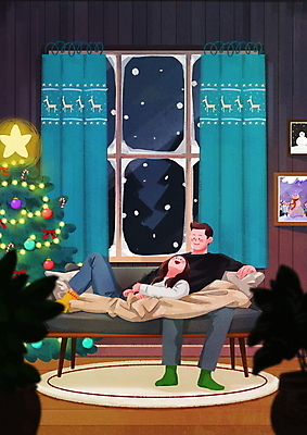 전신 PSD 커플 여자 남자 별 화분 액자 겨울 일러스트 창문 함께함 앉기 성인 두명 소파 눕기 크리스마스트리 기댐 커튼 추억 성인만 국내일러스트 자연요소 계절 컨셉 크리스마스 의자 관계 모션 사람 파일형식