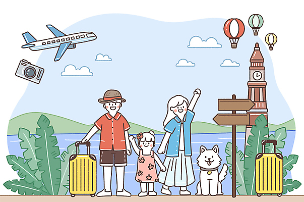 전신 PSD 구름 여자 남자 딸 어린이 바다 해외여행 가방 일러스트 가족 엄마 산 비행기 미소 웃음 소녀 성인 세명 손들기 카메라 열기구 잡기 풀 아빠 강아지 시계탑 국내일러스트 자연요소 식물 해외 잡화 여행 관계 항공교통 모션 대중교통 표정 사람 전자제품 반려동물 탑 개 파일형식