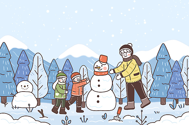 전신 PSD 나무 여자 남자 딸 아들 어린이 겨울 일러스트 가족 눈사람 털모자 서기 미소 웃음 들기 소녀 소년 성인 세명 목도리 눈 아빠 모종삽 손뻗기 쌓인눈 눈내림 설산 국내일러스트 자연요소 식물 모자_잡화 잡화 계절 관계 모션 날씨 산 눈_날씨 표정 사람 삽 파일형식