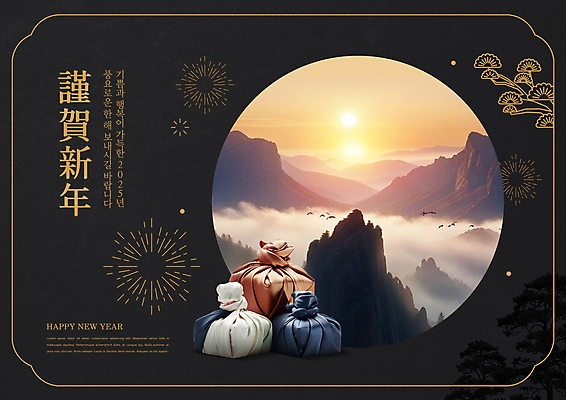 PSD 구름 편집이미지 근하신년 새해 산 프레임 폭죽 선물 풍경 사람없음 전통문양 일출 검은색 보자기 소나무 해피뉴이어 2025년 을사년 이미지편집 자연요소 나무 전통 문양 컬러 노을 새해인사 연도 파일형식 천_직물