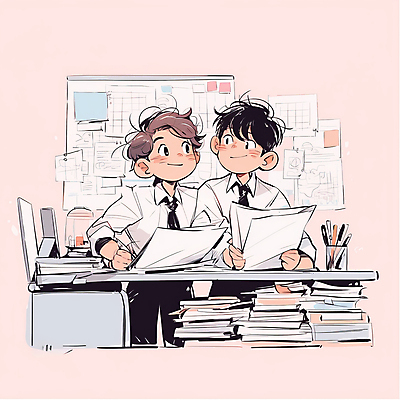 JPG 남자 분홍색 일러스트 비즈니스 협력 들기 정장 성인 두명 마주보기 업무 책상 문서 서류더미 성인남자만 국내일러스트 AI일러스트 AI콘텐츠 옷 컬러 가구 모션 사람 작업 남자만 성인만 파일형식 더미