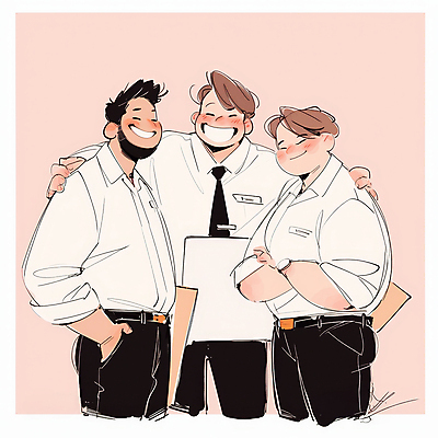 JPG 전신 남자 분홍색 일러스트 비즈니스 어깨동무 협력 웃음 들기 정장 성인 세명 팔짱 문서 주머니손 프로젝트 남자만 성인남자만 국내일러스트 AI일러스트 AI콘텐츠 옷 컬러 포즈 모션 표정 사람 성인만 파일형식