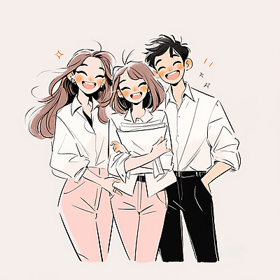 JPG 여자 남자 행복 분홍색 일러스트 비즈니스 협력 사랑 미소 웃음 들기 성인 세명 문서 주머니손 성인만 국내일러스트 AI일러스트 AI콘텐츠 감정 컬러 모션 표정 사람 파일형식