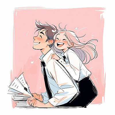 JPG 커플 여자 남자 행복 분홍색 일러스트 비즈니스 협력 매달리기 사랑 웃음 들기 정장 성인 두명 작업 문서 업기 프로젝트 성인만 국내일러스트 AI일러스트 AI콘텐츠 옷 감정 컬러 관계 모션 표정 사람 파일형식
