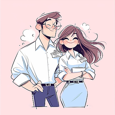 JPG 여자 남자 분홍색 일러스트 비즈니스 협력 사랑 웃음 들기 정장 성인 두명 팔짱 문서 프로젝트 성인만 안경낌 국내일러스트 AI일러스트 AI콘텐츠 옷 감정 안경 컬러 모션 표정 사람 파일형식