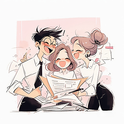 JPG 여자 남자 분홍색 일러스트 비즈니스 협력 웃음 들기 정장 성인 세명 직장인 문서 프로젝트 성인만 어깨에손 국내일러스트 AI일러스트 AI콘텐츠 직업 옷 컬러 모션 표정 사람 파일형식