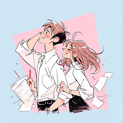 JPG 여자 남자 분홍색 하늘색 일러스트 비즈니스 협력 사랑 웃음 성인 두명 눈감음 올려보기 기록 잡기 직장인 동료 문서 성인만 국내일러스트 AI일러스트 AI콘텐츠 직업 감정 컬러 관계 모션 표정 사람 파란색 파일형식