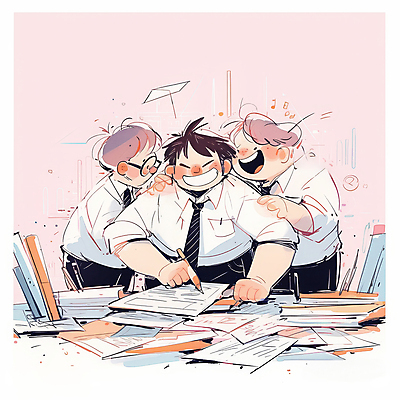 JPG 남자 분홍색 일러스트 비즈니스 협력 정장 성인 세명 기록 잡기 직장인 책상 문서 서류더미 성인남자만 어깨에손 국내일러스트 AI일러스트 AI콘텐츠 직업 옷 컬러 가구 모션 사람 남자만 성인만 파일형식 더미