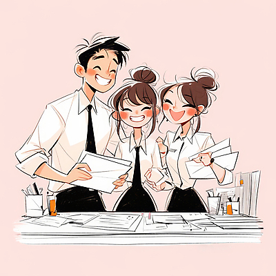 JPG 여자 남자 행복 분홍색 일러스트 비즈니스 협력 웃음 들기 정장 성인 세명 직장인 책상 문서 프로젝트 성인만 국내일러스트 AI일러스트 AI콘텐츠 직업 옷 감정 컬러 가구 모션 표정 사람 파일형식