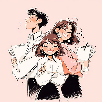 JPG 여자 남자 분홍색 일러스트 비즈니스 협력 미소 웃음 들기 성인 세명 직장인 자신감 문서 프로젝트 성인만 국내일러스트 AI일러스트 AI콘텐츠 직업 감정 컬러 모션 표정 사람 파일형식