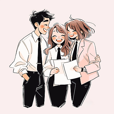JPG 여자 남자 분홍색 일러스트 비즈니스 협력 사랑 미소 웃음 들기 성인 세명 직장인 동료 문서 감싸기 성인만 국내일러스트 AI일러스트 AI콘텐츠 직업 감정 컬러 관계 모션 표정 사람 파일형식
