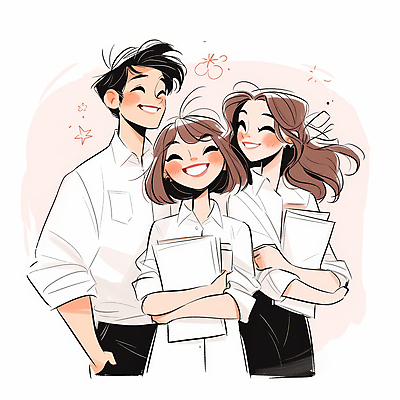 JPG 여자 남자 분홍색 일러스트 비즈니스 회의 협력 미소 웃음 들기 상반신 성인 세명 직장인 문서 프로젝트 성인만 국내일러스트 AI일러스트 AI콘텐츠 직업 컬러 모션 표정 사람 파일형식