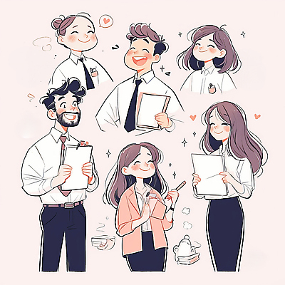 JPG 여자 남자 분홍색 일러스트 회사 비즈니스 협력 미소 웃음 들기 여러명 상반신 성인 기록 직장인 문서 프로젝트 성인만 국내일러스트 AI일러스트 AI콘텐츠 직업 컬러 다수 모션 표정 사람 파일형식