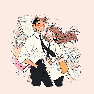 JPG 여자 남자 분홍색 일러스트 비즈니스 협력 웃음 들기 정장 성인 두명 직장인 문서 서류더미 성인만 국내일러스트 AI일러스트 AI콘텐츠 직업 옷 컬러 모션 표정 사람 파일형식 더미