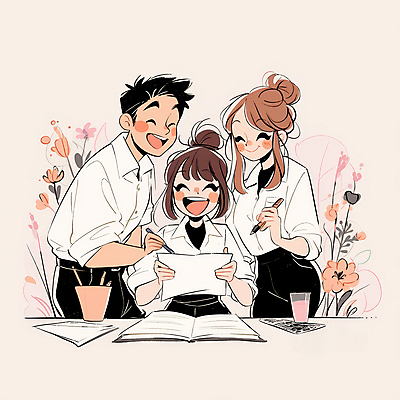 JPG 여자 남자 꽃 음료 분홍색 일러스트 비즈니스 회의 협력 들기 성인 세명 기록 작업 직장인 문서 프로젝트 성인만 국내일러스트 AI일러스트 AI콘텐츠 식물 직업 컬러 모션 사람 파일형식