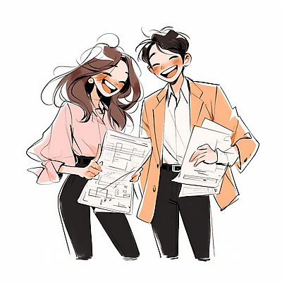 JPG 여자 남자 분홍색 일러스트 비즈니스 협력 웃음 성인 두명 직장인 문서 프로젝트 성인만 국내일러스트 AI일러스트 AI콘텐츠 직업 컬러 표정 사람 파일형식