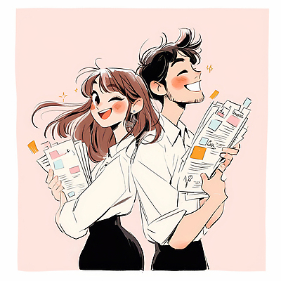 JPG 여자 남자 분홍색 일러스트 비즈니스 협력 윙크 미소 웃음 들기 성인 두명 등맞대기 자신감 문서 프로젝트 성인만 국내일러스트 AI일러스트 AI콘텐츠 감정 컬러 모션 표정 사람 파일형식