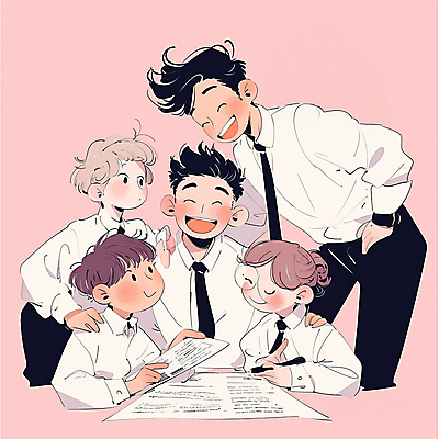JPG 여자 남자 행복 어린이 분홍색 일러스트 협력 미소 웃음 정장 소녀 소년 여러명 성인 기록 작업 문서 어깨에손 국내일러스트 AI일러스트 AI콘텐츠 옷 감정 컬러 다수 모션 표정 사람 파일형식