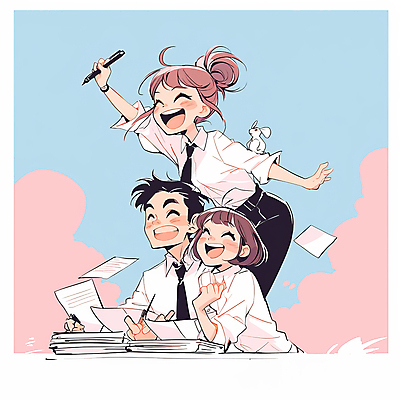 JPG 여자 남자 분홍색 하늘색 일러스트 비즈니스 협력 서기 웃음 앉기 정장 성인 세명 기록 직장인 자신감 쥐 문서 활기 서류더미 프로젝트 성인만 국내일러스트 AI일러스트 AI콘텐츠 직업 옷 감정 컬러 컨셉 모션 표정 사람 파란색 설치류 파일형식 더미