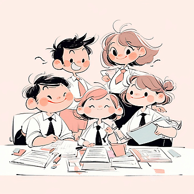 JPG 여자 남자 분홍색 일러스트 비즈니스 협력 서기 미소 웃음 들기 앉기 정장 여러명 성인 직장인 책상 문서 프로젝트 성인만 국내일러스트 AI일러스트 AI콘텐츠 직업 옷 컬러 가구 다수 모션 표정 사람 파일형식