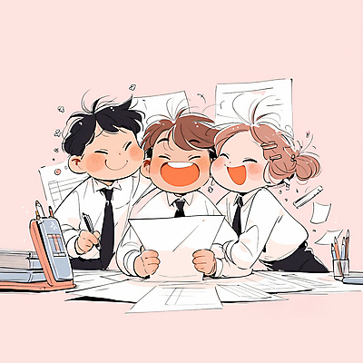 JPG 여자 남자 행복 분홍색 일러스트 청소년 협력 웃음 상반신 세명 문서 과제 프로젝트 십대만 국내일러스트 AI일러스트 AI콘텐츠 감정 컬러 표정 사람 파일형식