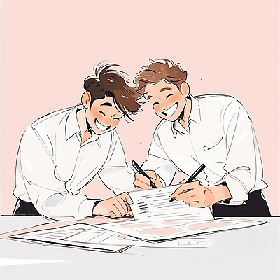 JPG 남자 분홍색 일러스트 비즈니스 회의 협력 미소 웃음 상반신 성인 두명 직장인 회의실 문서 서류작성 프로젝트 성인남자만 국내일러스트 AI일러스트 AI콘텐츠 직업 컬러 표정 사람 기록 남자만 성인만 파일형식