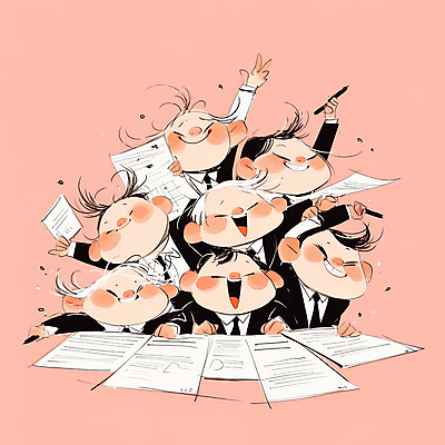 JPG 여자 남자 분홍색 일러스트 비즈니스 회의 협력 웃음 들기 정장 여러명 성인 손들기 직장인 문서 프로젝트 성인만 국내일러스트 AI일러스트 AI콘텐츠 직업 옷 컬러 다수 모션 표정 사람 파일형식