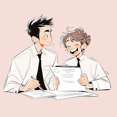 JPG 여자 남자 분홍색 일러스트 비즈니스 회의 협력 웃음 들기 상반신 성인 두명 기록 직장인 문서 서류판 프로젝트 성인만 국내일러스트 AI일러스트 AI콘텐츠 직업 컬러 모션 표정 사람 사무용품 파일형식