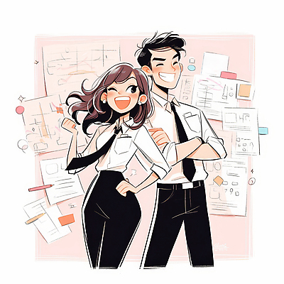 JPG 여자 남자 분홍색 일러스트 비즈니스 협력 미소 웃음 정장 성인 두명 파이팅 직장인 자신감 문서 프로젝트 성인만 국내일러스트 AI일러스트 AI콘텐츠 직업 옷 감정 컬러 모션 표정 사람 파일형식