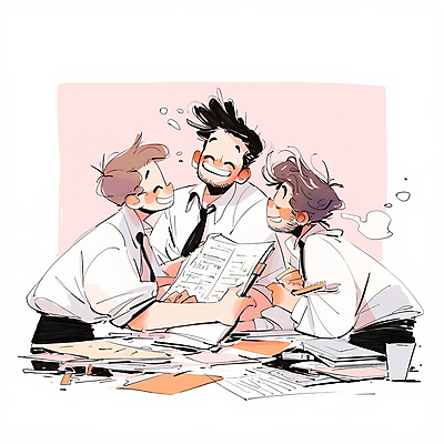 JPG 남자 분홍색 일러스트 비즈니스 협력 웃음 정장 상반신 성인 세명 문서 서류검토 서류더미 성인남자만 국내일러스트 AI일러스트 AI콘텐츠 옷 컬러 표정 사람 확인 남자만 성인만 파일형식 더미