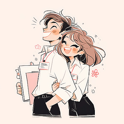 JPG 여자 남자 분홍색 일러스트 비즈니스 협력 사랑 미소 웃음 들기 성인 두명 직장인 문서 사원증 성인만 국내일러스트 AI일러스트 AI콘텐츠 직업 감정 컬러 모션 표정 사람 파일형식