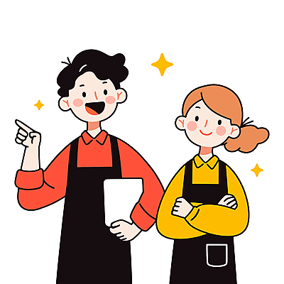 전신 여자 남자 인물캐릭터 일러스트 협력 미소 들기 상반신 성인 두명 빨간색 반짝임 노란색 팔짱 앞치마 가리킴 동료 아르바이트 성인만 일러캐릭터 AI파일 캐릭터 컬러 관계 모션 표정 사람 손짓 파일형식 벡터