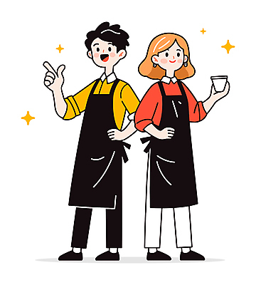 전신 여자 남자 인물캐릭터 허리손 유니폼 일러스트 협력 친절 미소 들기 성인 두명 빨간색 반짝임 노란색 앞치마 카페 가리킴 동료 아르바이트 성인만 일러캐릭터 AI파일 캐릭터 옷 컬러 포즈 관계 모션 표정 사람 손짓 상점 파일형식 벡터