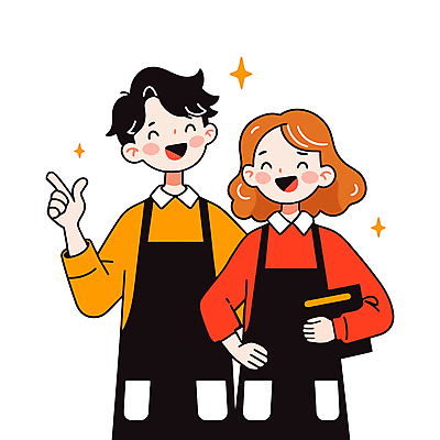 전신 여자 남자 인물캐릭터 허리손 유니폼 일러스트 협력 친절 미소 웃음 들기 상반신 성인 두명 빨간색 반짝임 노란색 앞치마 가리킴 동료 아르바이트 성인만 일러캐릭터 AI파일 캐릭터 옷 컬러 포즈 관계 모션 표정 사람 손짓 파일형식 벡터
