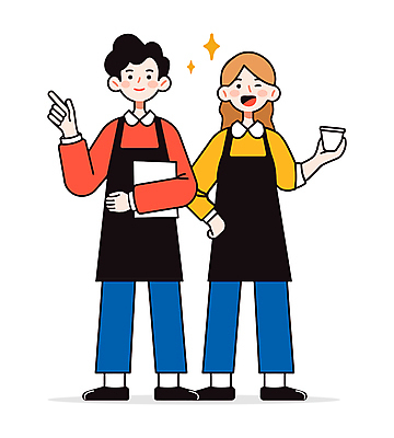 전신 여자 남자 인물캐릭터 허리손 유니폼 일러스트 협력 친절 미소 들기 성인 두명 빨간색 반짝임 노란색 앞치마 카페 가리킴 동료 직원 아르바이트 성인만 일러캐릭터 AI파일 캐릭터 옷 컬러 포즈 관계 모션 표정 사람 손짓 상점 파일형식 벡터