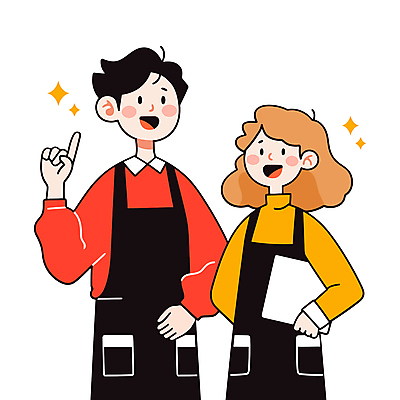전신 여자 남자 인물캐릭터 유니폼 일러스트 협력 미소 들기 상반신 성인 두명 빨간색 반짝임 노란색 앞치마 가리킴 동료 아르바이트 성인만 일러캐릭터 AI파일 캐릭터 옷 컬러 관계 모션 표정 사람 손짓 파일형식 벡터