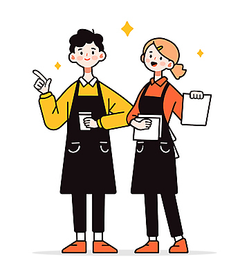전신 여자 남자 인물캐릭터 유니폼 일러스트 협력 미소 들기 성인 두명 빨간색 반짝임 노란색 앞치마 카페 가리킴 아르바이트 성인만 일러캐릭터 AI파일 캐릭터 옷 컬러 모션 표정 사람 손짓 상점 파일형식 벡터