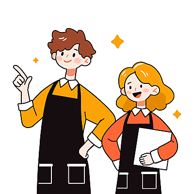 전신 여자 남자 인물캐릭터 허리손 유니폼 일러스트 협력 미소 들기 상반신 성인 두명 빨간색 반짝임 노란색 앞치마 가리킴 동료 아르바이트 성인만 일러캐릭터 AI파일 캐릭터 옷 컬러 포즈 관계 모션 표정 사람 손짓 파일형식 벡터