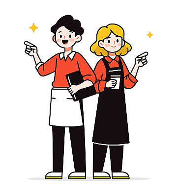 전신 여자 남자 인물캐릭터 유니폼 일러스트 협력 미소 들기 성인 두명 빨간색 반짝임 노란색 앞치마 카페 가리킴 아르바이트 성인만 일러캐릭터 AI파일 캐릭터 옷 컬러 모션 표정 사람 손짓 상점 파일형식 벡터